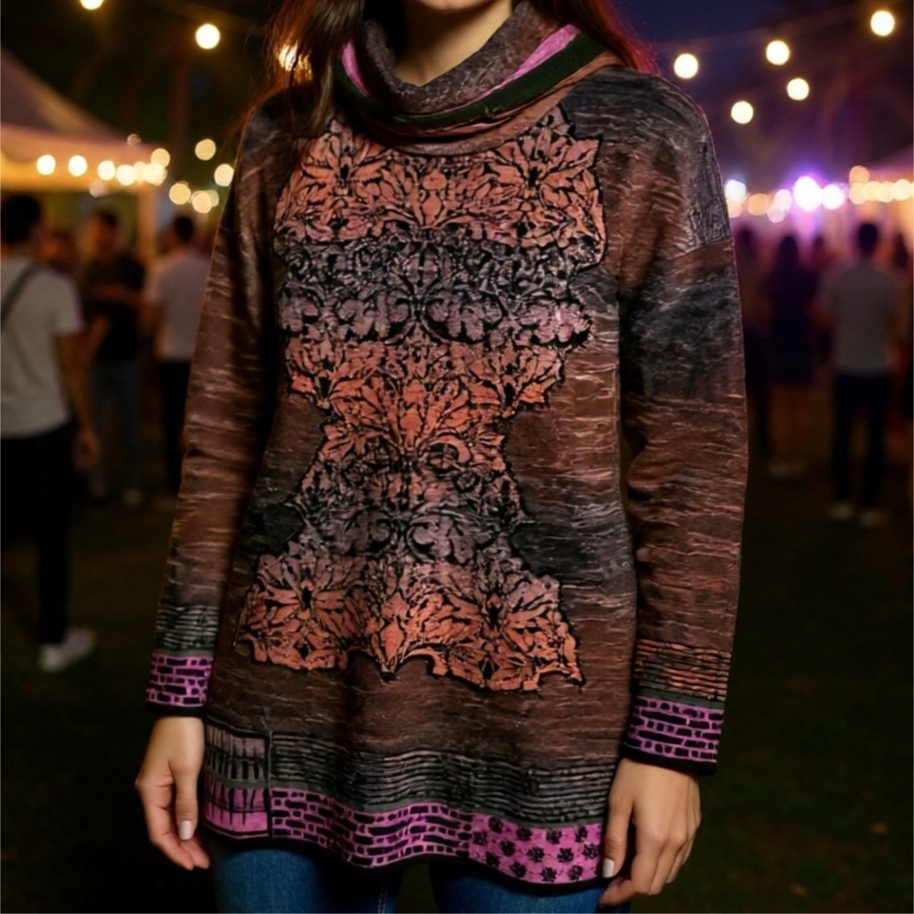 Chic Multicolor Patterned Cowl Neck Sweater - image 1